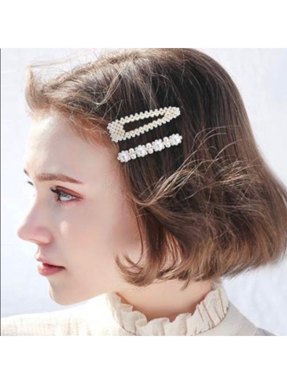 Ivory Pearl Embellished Clip On Barrettes Pair Glam Prom Wedding Dressy Dance - Picture 6 of 10
